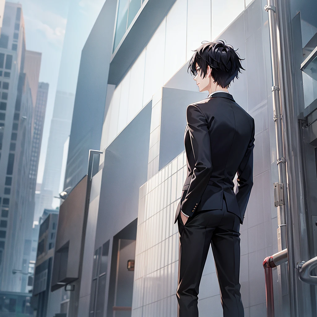 Anime black-haired man in a suit turns his back and stands in the city.