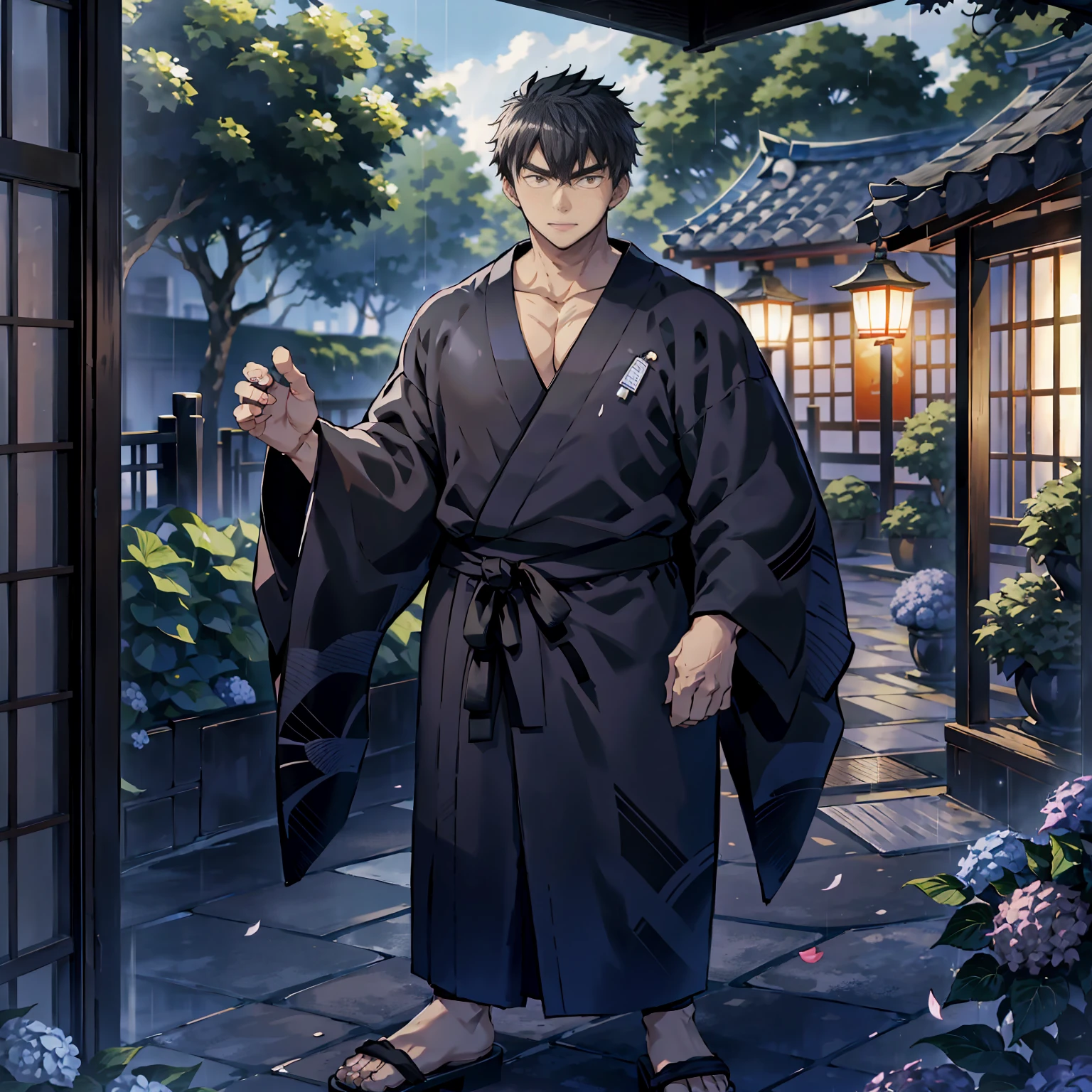 Japanese man, standing alone, full body view, strong young man in late 20s, young man standing in rain, holding Japanese umbrella, surrounded by hydrangea flowers, picturesque Japanese cityscape, anime-like image, high resolution, fantastic atmosphere, facing front, young man standing on right side, strong young man, serious looking young man, black hair, dark blue kimono, black obi, black geta, person on right side, empty on left side standing on the right, young man with serious expression, black hair, dark blue kimono, black obi, black geta, person to the right, left side open, top quality, clear eyes, toes visible, high resolution, fantasy atmosphere, facing you, young man standing on the right side, black hair, dark blue kimono, black obi, black geta, person to the right side, left side open, top quality, clear eyes, toes visible, high quality, clear eyes, toes visible