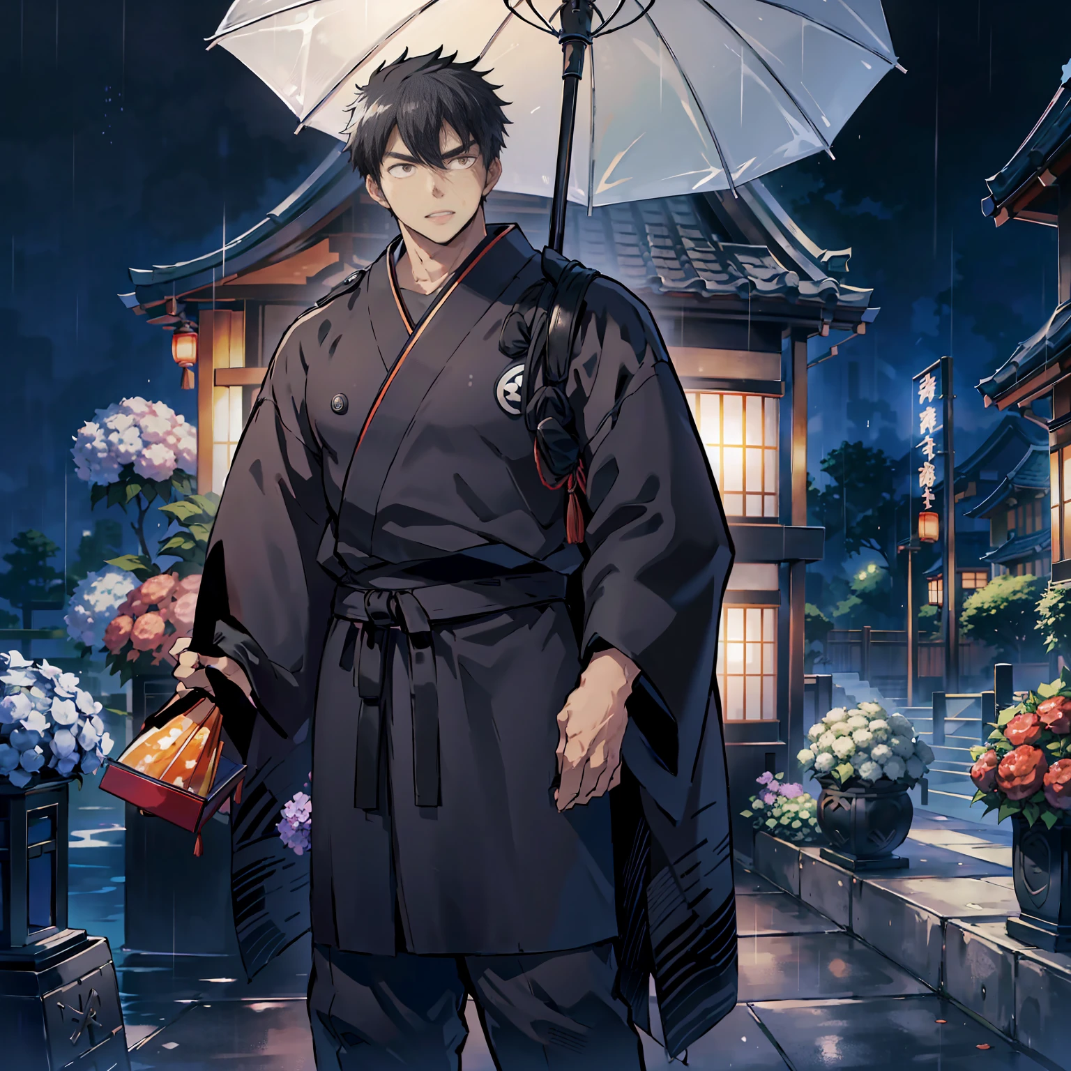 Japanese man, standing alone, full body view, strong young man in late 20s, young man standing in rain, holding Japanese umbrella, surrounded by hydrangea flowers, picturesque Japanese cityscape, anime-like image, high resolution, fantastic atmosphere, facing front, young man standing on right side, strong young man, serious looking young man, black hair, dark blue kimono, black obi, black geta, person on right side, empty on left side standing on the right, young man with serious expression, black hair, dark blue kimono, black obi, black geta, person to the right, left side open, top quality, clear eyes, toes visible, high resolution, fantasy atmosphere, facing you, young man standing on the right side, black hair, dark blue kimono, black obi, black geta, person to the right side, left side open, top quality, clear eyes, toes visible, high quality, clear eyes, toes visible