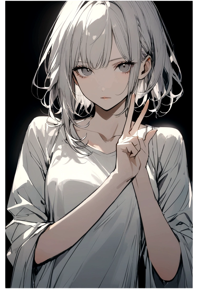 Women、Expressionless、ＴWearing a shirt、Making a peace sign