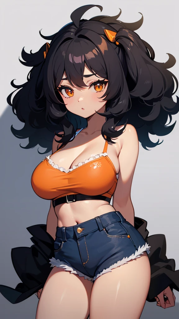 Black girl, big hair, orange eyes, white bra along with short blue shorts.