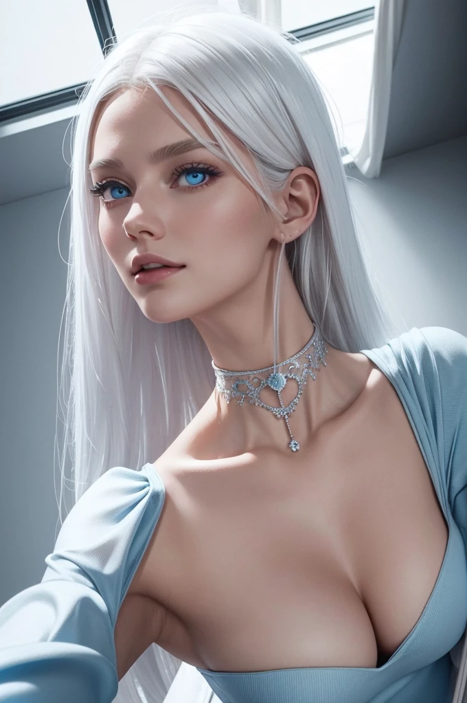 Instagram selfie of a russian model girl in blue tranclucent flluffy tight dress. shoulders opened. Bedroom on the background. platinum blonde. White hair. photo from above. photo from above. photo from above. lips half opened. pink tiny choker on the neck. Live photo in motion. Selfie. light smile on her lips. White hair falling on shoulders. White hair falling on shoulders. White hair falling on shoulders. White hair falling on shoulders. blue eyes. upper body visible. vogue opened pose. She should have a happy expression. soft lights. detailed hairstyle, long hair falling on shoulders, symmetrical. photo from instagram.