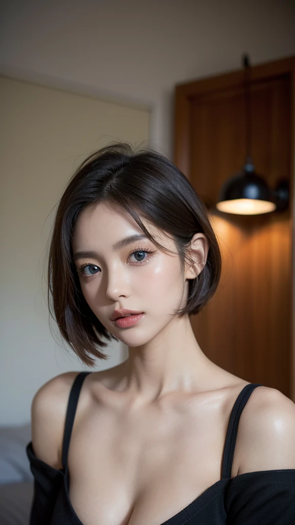 Skin Tight Black Top:1.2、looking at viewert、lighting like a movie、flawless、softlight、High resolution skin:1.2、realistic skin textures、lifelike face、30 year old mature woman、a small face、double eyelid、natural make up、off shoulders、Exposed cleavage、blue eyess、short-hair、dark brown hair、Bust B Cup、fullnude、The background is a gray photo screen