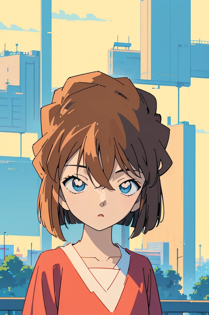 masterpiece, best quality, beautiful face, (street, upper body:1.4), anime style, (1girl in, Solo:1.0), (Haibara Ai), ((Short pants)), (((Big eyes))), (Cute anime girl head), (flat chest),looking at viewer,With a height of 100cm, shoot from front, (head shot), Simple line minimalism, Abstract Art, City background, anime opening movie