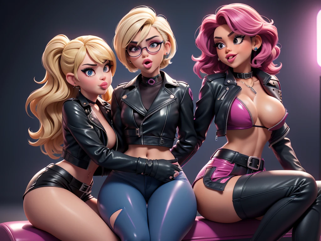 obra prima, melhor qualidade, ((miley cyrus, tan skin, wavy bob hair, sticking tongue out,)) head back, (sassy wicked sultry sneer, big teeth smile,) open mouth, pucker mouth, shiny periwinkle lipstick, sunglasses, ((thick smoky black eye shadow, long fake eyelashes, sticking tongue out,)) (cerulean blue leather jacket with puff shoulder,) biker jacket has stiff collar, leather blouse, ((magenta pvc shorts, pockets, unzipped front,)) studs zippers snaps, shiny leather gloves, nip slip, body is skinny, laying down hugging each other on sofa, shiny tight buttocks, arched back, mashing breasts, ((passionate kissing, pelvis grinding,)) camera view of whole body, looking up at me, shallow depth of field, highres, HD, 8k, anatomically correct