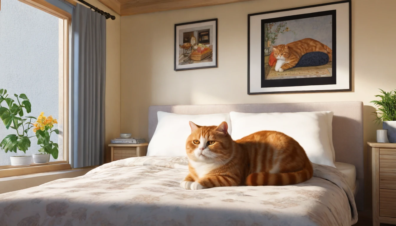 inside bedroom,large window, there is a chubby cat that is laying under a blanket on the bed, a sick cat laying in a bedroom, gif, awww, ginger cat, very very realistic, very hyper realistic,