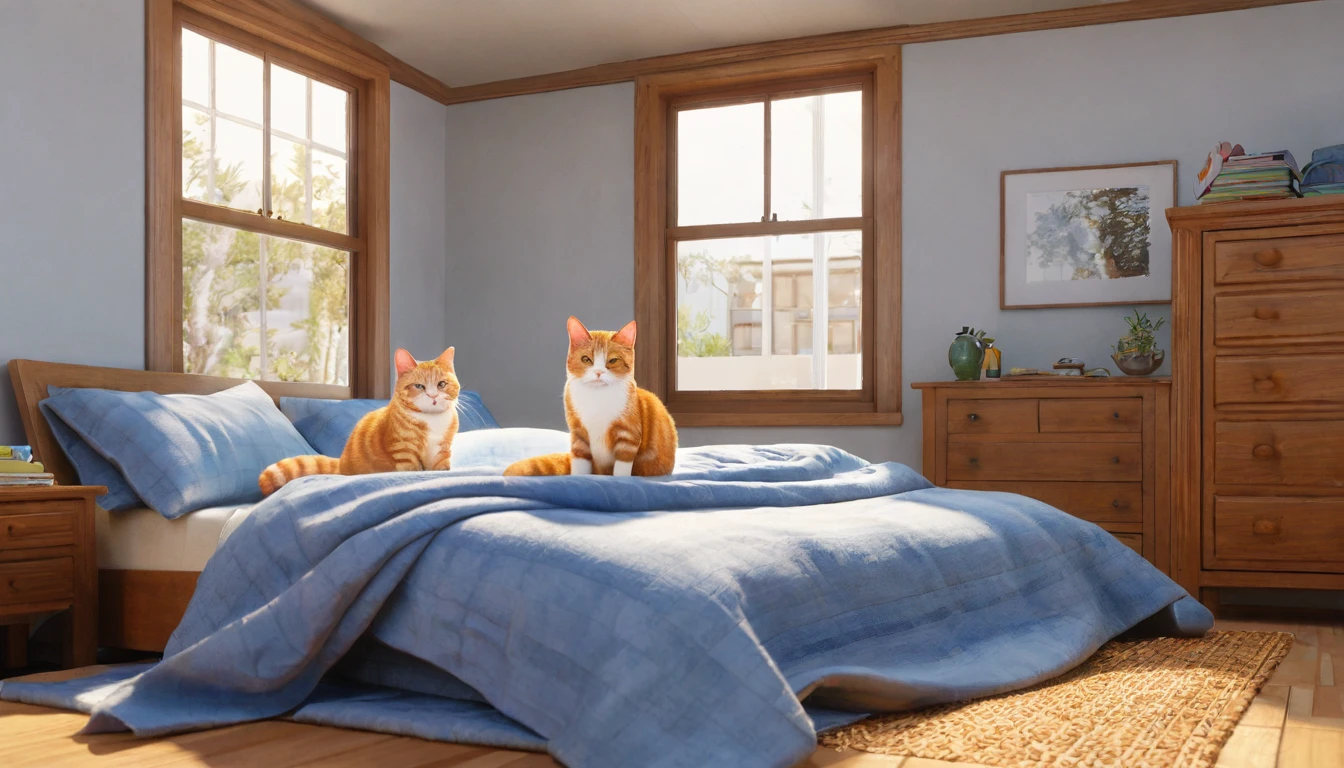 inside bedroom,large window, there is a chubby cat that is laying under a blanket on the bed, a sick cat laying in a bedroom, gif, awww, ginger cat, very very realistic, very hyper realistic,