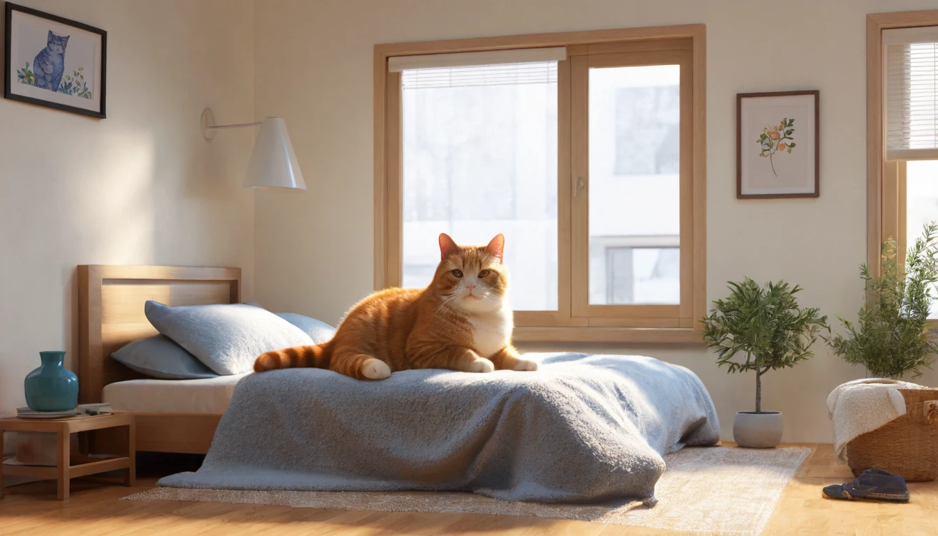 inside bedroom,large window, there is a chubby cat that is laying under a blanket on the bed, a sick cat laying in a bedroom, gif, awww, ginger cat, very very realistic, very hyper realistic,