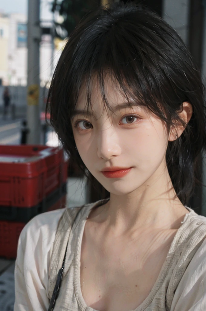 (Skin details:1.4), (smooth skin textures:1.3), Lipstick, background, earrings, serene, calm, (Realistic and detailed eyes:1.2), Natural skin texture, Realistic facial details, Soft dramatic lighting, Vivid details, 35 mm film, outdoor, (Photo Practical:1.4), (hyper Practical:1.4), (Practical:1.3), (Smoother lighting:1.05), (Improve lighting quality:0.9), (Highest quality real skin textures:1.4), Exquisite eyes, Delicate face, Close-up of face, (Enhance the beauty of skin texture:1.1), Hair details, Vest,normal body ratio, short hair, Moles under the eyes, thinking, A faint smile,公园background,Portrait Photography, Depth of Field, Bokeh, Surrealism, Ray Tracing, (Portrait Photography:1.1), Surrealism, High Detail, Chiaroscuro, Ray Tracing, reflected light, Ultra HD, Ultra HD, masterpiece, Textured Skin, Super Detail, High Detail, high quality, best quality