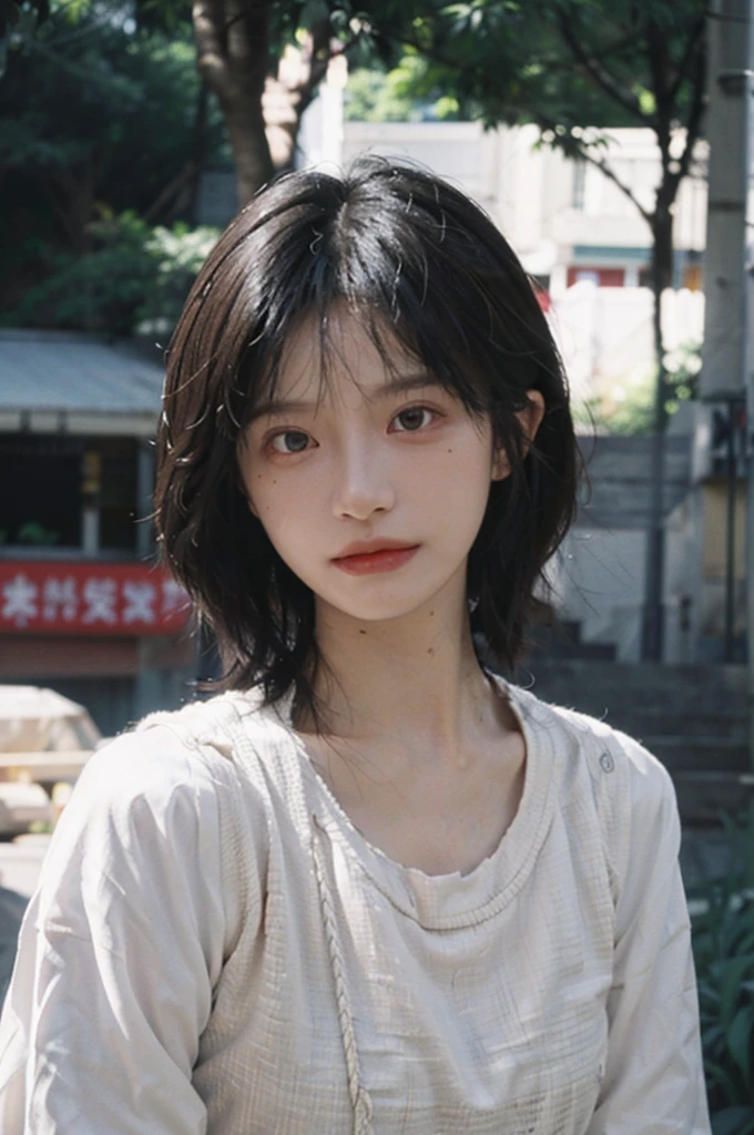 (Skin details:1.4), (smooth skin textures:1.3), Lipstick, background, earrings, serene, calm, (Realistic and detailed eyes:1.2), Natural skin texture, Realistic facial details, Soft dramatic lighting, Vivid details, 35 mm film, outdoor, (Photo Practical:1.4), (hyper Practical:1.4), (Practical:1.3), (Smoother lighting:1.05), (Improve lighting quality:0.9), (Highest quality real skin textures:1.4), Exquisite eyes, Delicate face, Close-up of face, (Enhance the beauty of skin texture:1.1), Hair details, Vest,normal body ratio, short hair, Moles under the eyes, thinking, A faint smile,公园background,Portrait Photography, Depth of Field, Bokeh, Surrealism, Ray Tracing, (Portrait Photography:1.1), Surrealism, High Detail, Chiaroscuro, Ray Tracing, reflected light, Ultra HD, Ultra HD, masterpiece, Textured Skin, Super Detail, High Detail, high quality, best quality