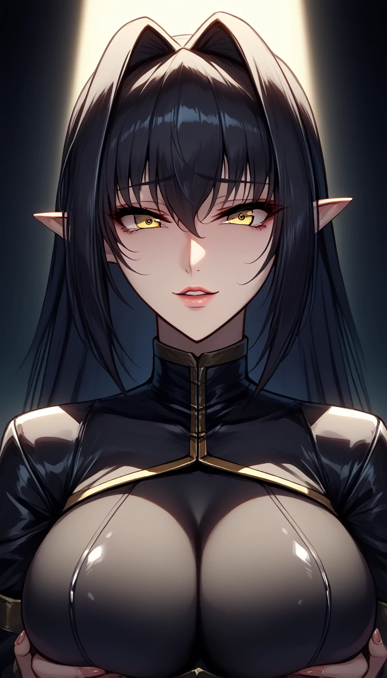 score_9, score_8_superior, score_7_superior, score_6_superior, score_5_superior, break,
Annerose is clutching her chest.,
Pointed Ears, One girl, alone, Cowboy Shot,
View your viewers, Part your lips, confidence, confidenceがある, Excited expression,
Black Hair, Long Hair, Yellow Eyes,
Black bodysuit, turtleneck, Side bust, Fits perfectly to the skin, High heels, Shiny,
Curvy, Large Breasts, Thighs,