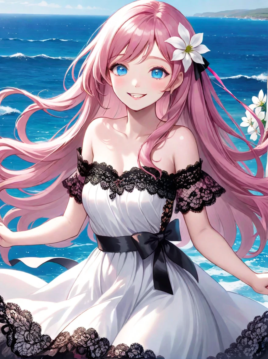 ((Best quality)), ((masterpiece)), (detailed), ((perfect face)), One Girl、Pink long hair、White flowers in her hair、blue eyes、A white dress with black lace、large pink ribbon on the chest、Ocean、Waving、smile