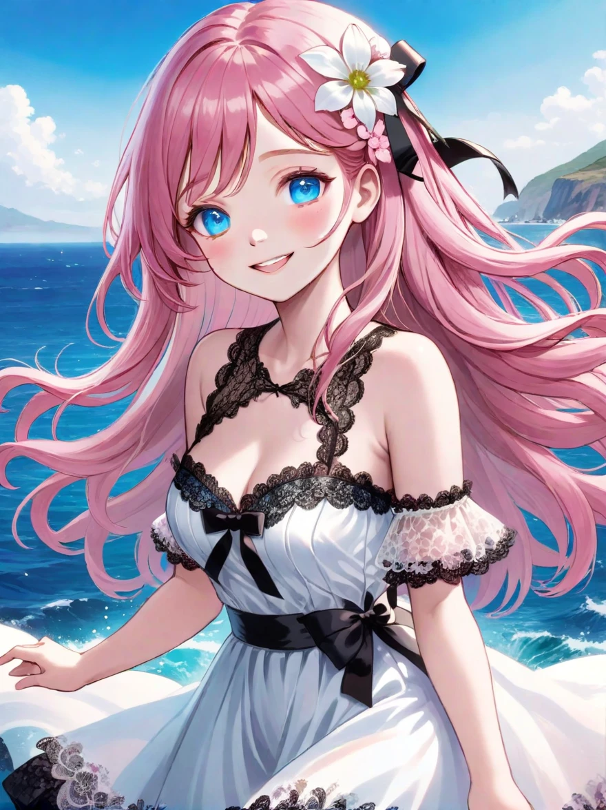 ((Best quality)), ((masterpiece)), (detailed), ((perfect face)), One Girl、Pink long hair、White flowers in her hair、blue eyes、A white dress with black lace、large pink ribbon on the chest、Ocean、Waving、smile