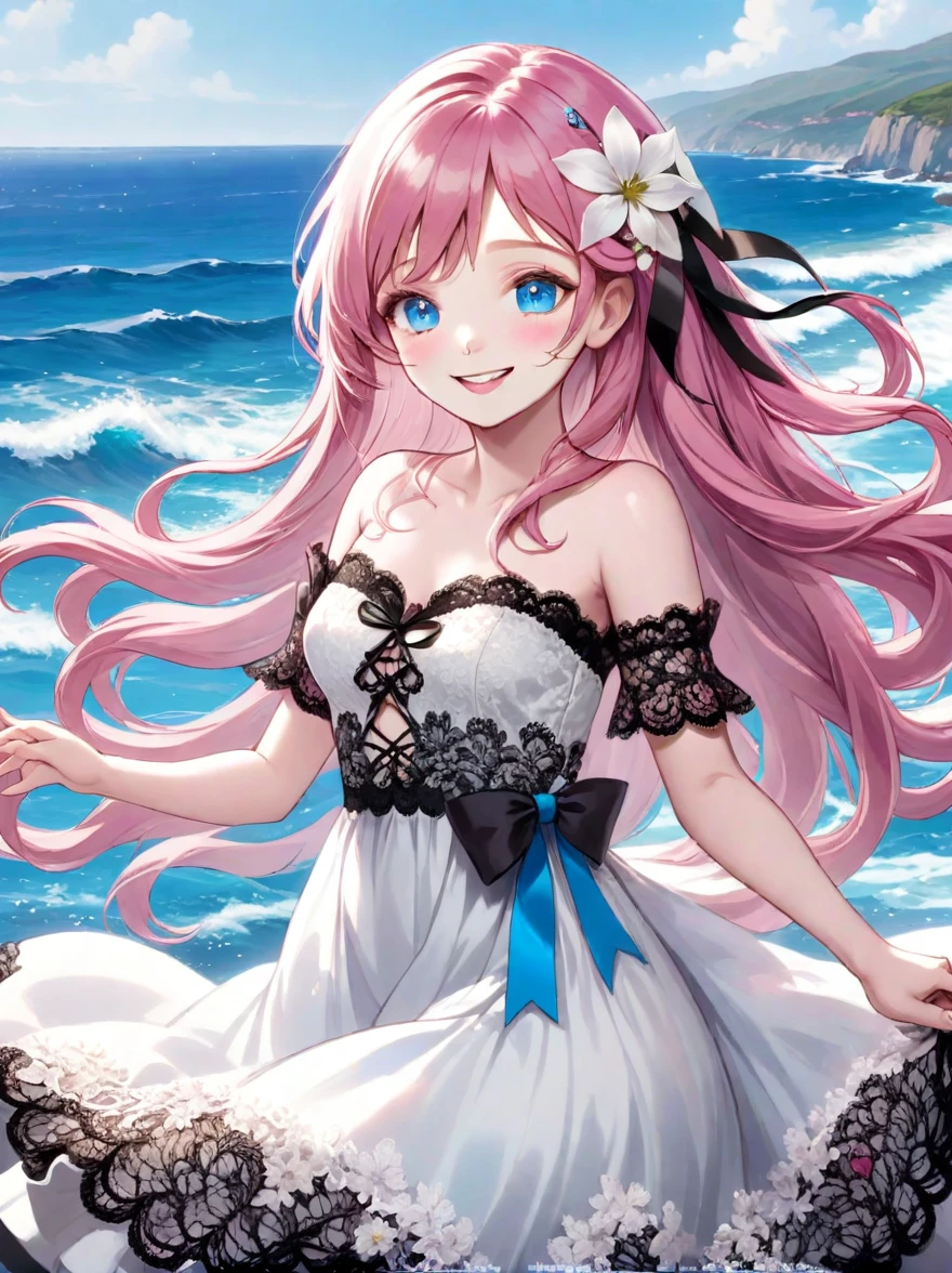((Best quality)), ((masterpiece)), (detailed), ((perfect face)), One Girl、Pink long hair、White flowers in her hair、blue eyes、A white dress with black lace、large pink ribbon on the chest、Ocean、Waving、smile
