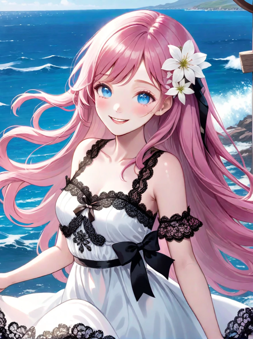 ((Best quality)), ((masterpiece)), (detailed), ((perfect face)), One Girl、Pink long hair、White flowers in her hair、blue eyes、A white dress with black lace、large pink ribbon on the chest、Ocean、Waving、smile