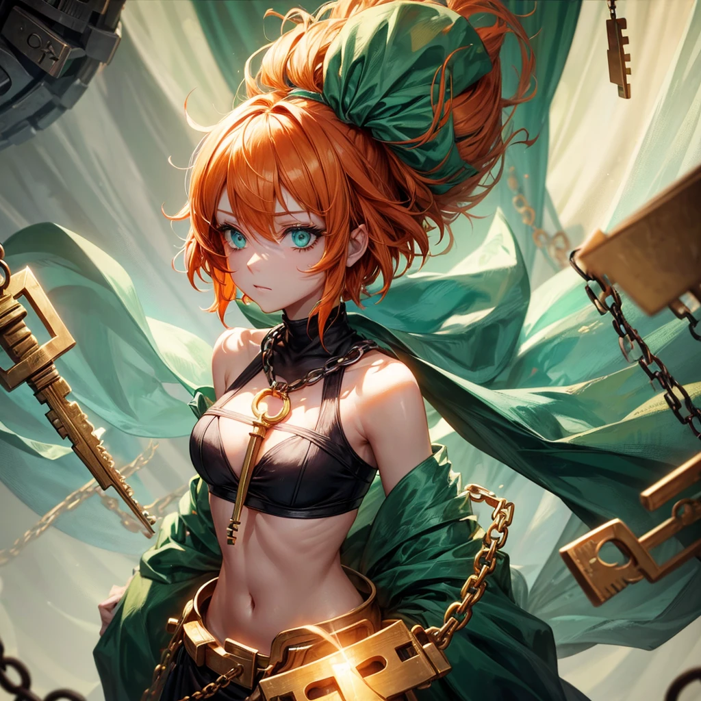 a tired girl with short orange hair, mint green eyes, with shadowy eye makeup, bandages around chest, black key through her head, in a background of golden keys and chains