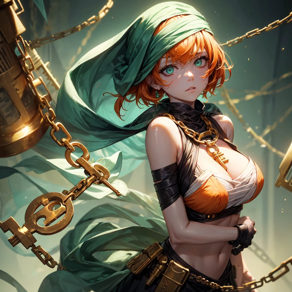 a tired girl with short orange hair, mint green eyes, with shadowy eye makeup, bandages around chest, black key through her head, in a background of golden keys and chains