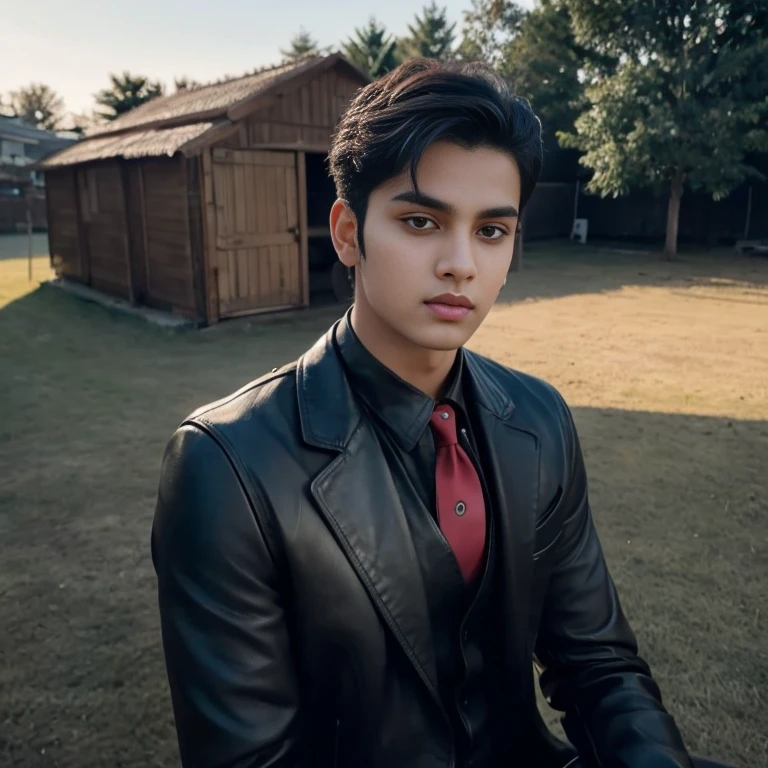 Aarav looks at the camera, perfect has a round face, A well-maintained model, handsome face,Close-up of a man wearing a black leather jacket., Southeast Asians with round faces, 3-D profile picture, 8K, 45,000,000 pixcls, realistic light colors