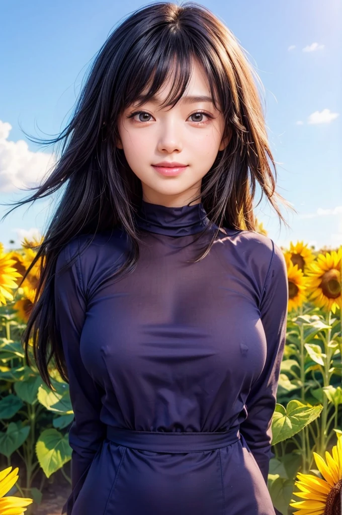 masterpiece, best quality, (realistic,photo-realistic:1.4), (RAW photo:1.2), extremely detailed CG unity 8k wallpaper, delicate and beautiful, amazing,finely detail, official art, absurdres, incredibly absurdres, huge filesize,ultra-detailed,extremely detailed eyes and face,light on face,(little smile:1.3),hinata,(black hair:1.4) (long hair:1.4),potrait,(medium breast:1.3),nature background,,sunflower background,(potrait :1.4),(wearing blue clotes:1.5)