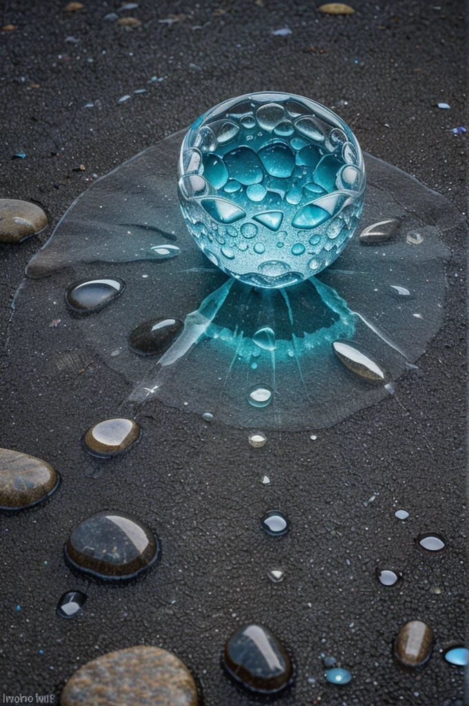 Create an image featuring lots of colorful, translucent pebbles with a clear, glass-like texture, scattered throughout the frame. The pebbles should vary in size and color, from pastel blue to bright yellow, soft pink to deep purple, and some with a speckled pattern. Light will be refracted through the pebbles, creating a kaleidoscope effect on the surface beneath. Some of the other pebbles resembled water droplets about to splash, and some pebbles seemed to melt like ice cubes. The overall style should be hyper-realistic with attention to how the light plays on the different textures and colors of the pebbles. being in water has an effect