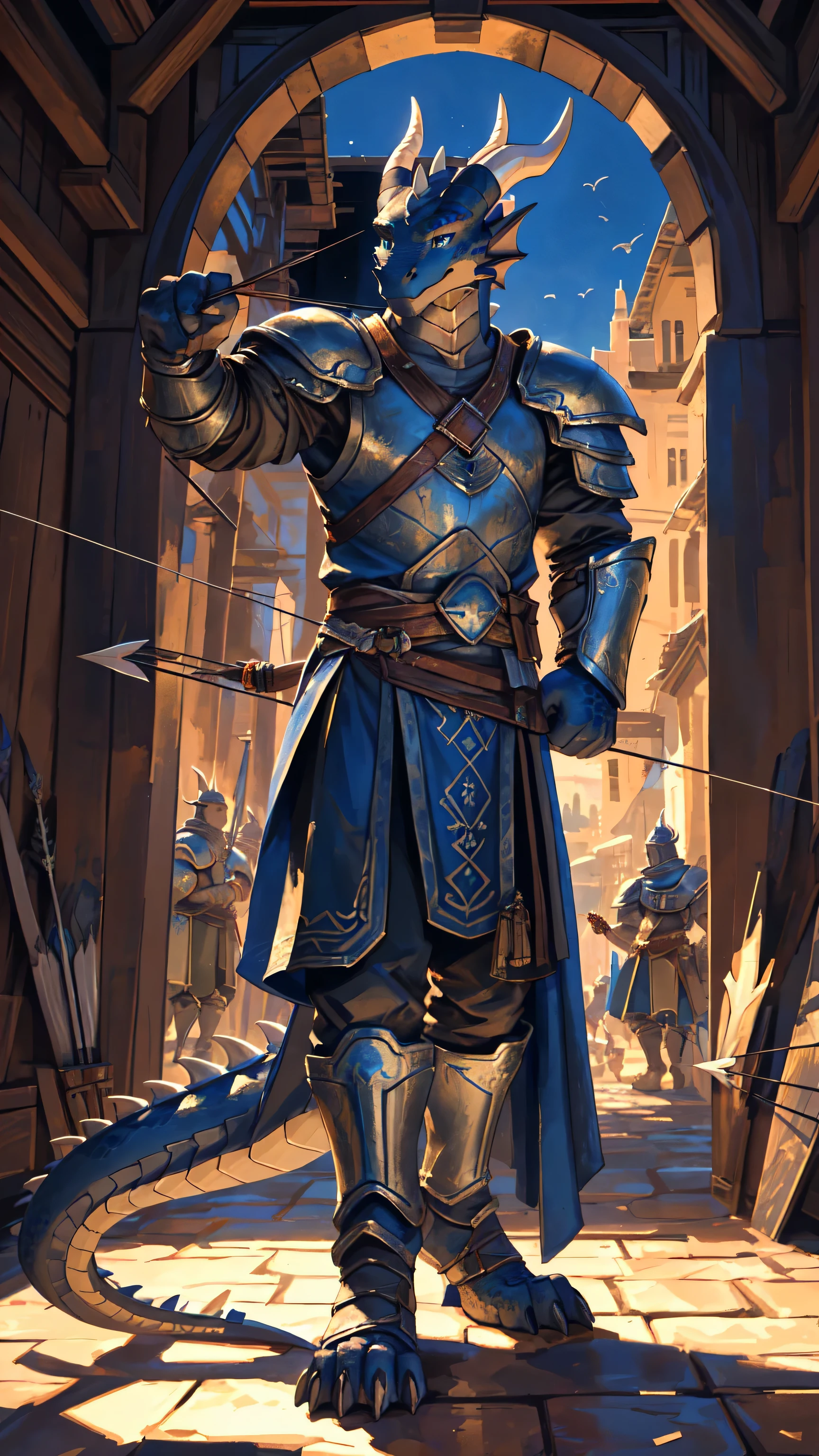 ((middle Ages:1.3,Range background:1.5)),Royal Family:1.2,((Holding a bow and arrow:1.5)),((sunny:1.4)),high resolution,4K,(((9:16 Whole body:1.1,Strike a pose:1.5))),masterpiece,high quality,((Dragon Archer,bow and arrow:1.6)),male,龙Furry,(ager:1.3),hairy,((Heroic and Calm:1.4)),(((Slender face:1.2,Lean:1.2,Long legs:1.3,Thick 龙 tail:1.2))),(((Gray head:1.2,Blue pupils:1.2,neck:1.3,Gray Hands:1.4,muscle:1.3))),(((White Armor:1.3,There is a blue flag on the armor:1.4))),Exquisite eyes,Detailed body,Detailed hands,Detailed feet,Kenket's Art