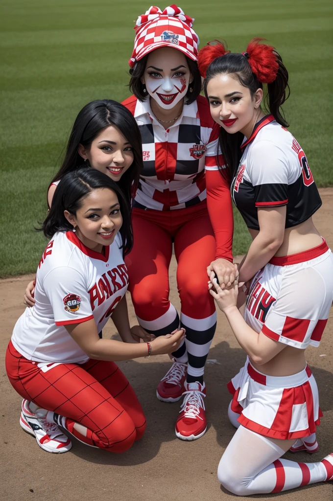 An evil clown in a checkered team outfit, holding a bat and two women kneeling at his feet