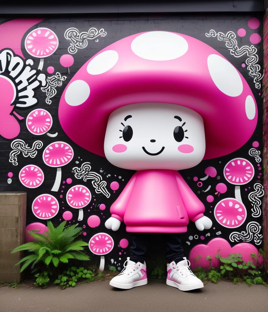 Cute cartoon boy, whole body,Mushroom floating, Pink and white color scheme, Graffiti in the style of Keith Haring, sharpie illustration, Thick lines, Grunge rock style beauty, Blending Mode, Text and emoticons installation, illustration,, 1 nhbm 1