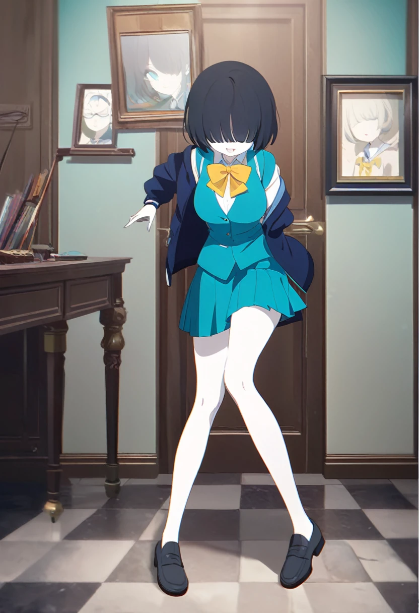 1girl, , turquoise vest, collared shirt, yellow bowtie, open jacket, blue skirt, black-framed eyewear, pleated skirt, black hair, turquoise bangs, very short hair, hair over eyes, pale skin, medium breasts, turquoise eye, smile, school (masterpiece), best quality, anime style, full body