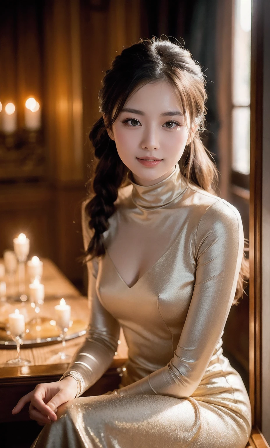 A tender kiss on the cheek for me as you whisper 'Szeretlek' in Hungarian, as the city lights dance across her porcelain skin, casting a warm ambiance on the tabletop setup. In the photorealistic 8K portrait, a stunning 16-year-old girl sits elegantly, her champagne-colored turtleneck wedding dress accentuating her slender physique and perfect anatomy. Cinematic lighting highlights her delicate features, as she gazes directly at the camera with a subtle grin (0.7), her black twin tails framing her face like a work of art.