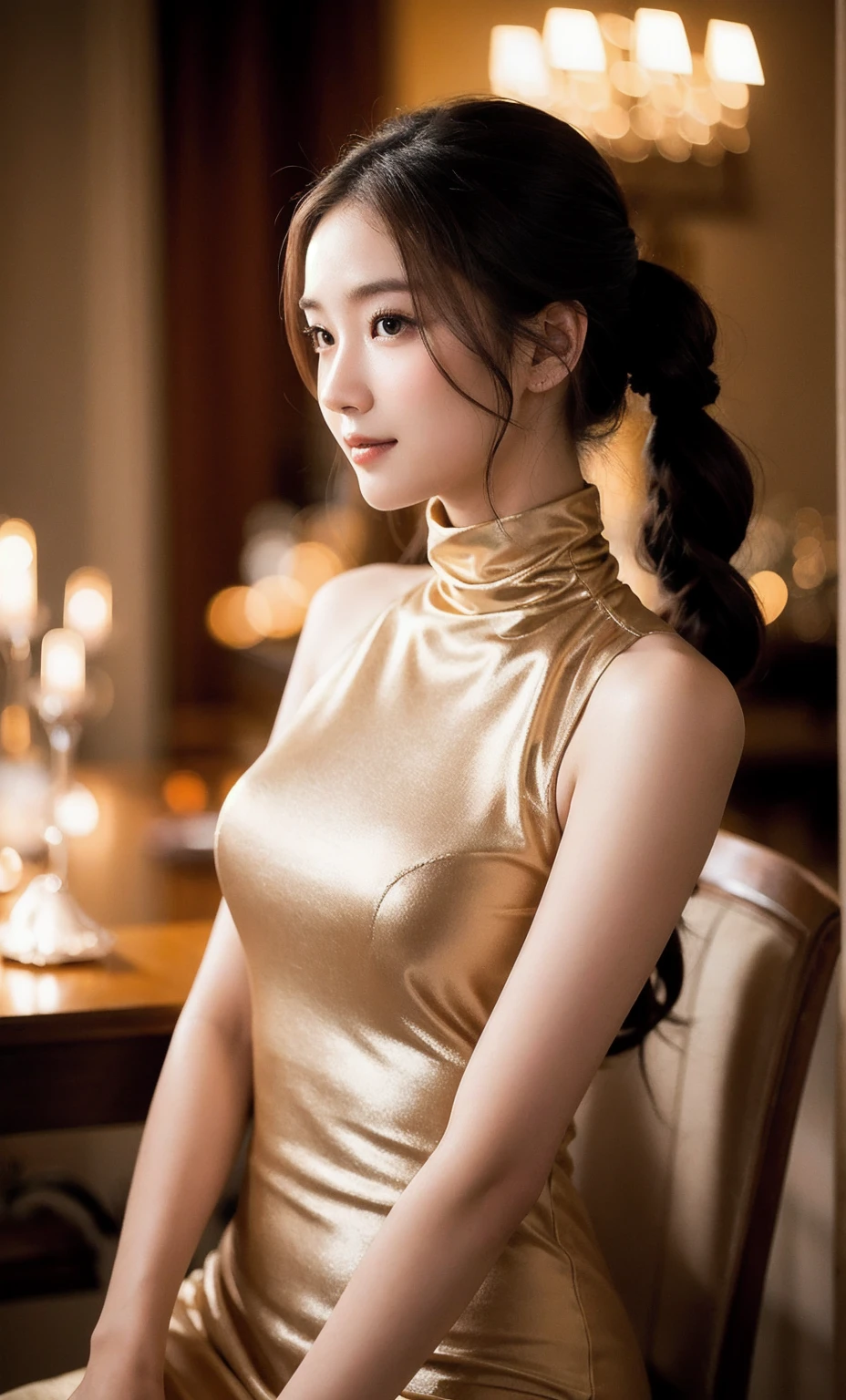 A tender kiss on the cheek for me as you whisper 'Szeretlek' in Hungarian, as the city lights dance across her porcelain skin, casting a warm ambiance on the tabletop setup. In the photorealistic 8K portrait, a stunning 16-year-old girl sits elegantly, her champagne-colored turtleneck wedding dress accentuating her slender physique and perfect anatomy. Cinematic lighting highlights her delicate features, as she gazes directly at the camera with a subtle grin (0.7), her black twin tails framing her face like a work of art.