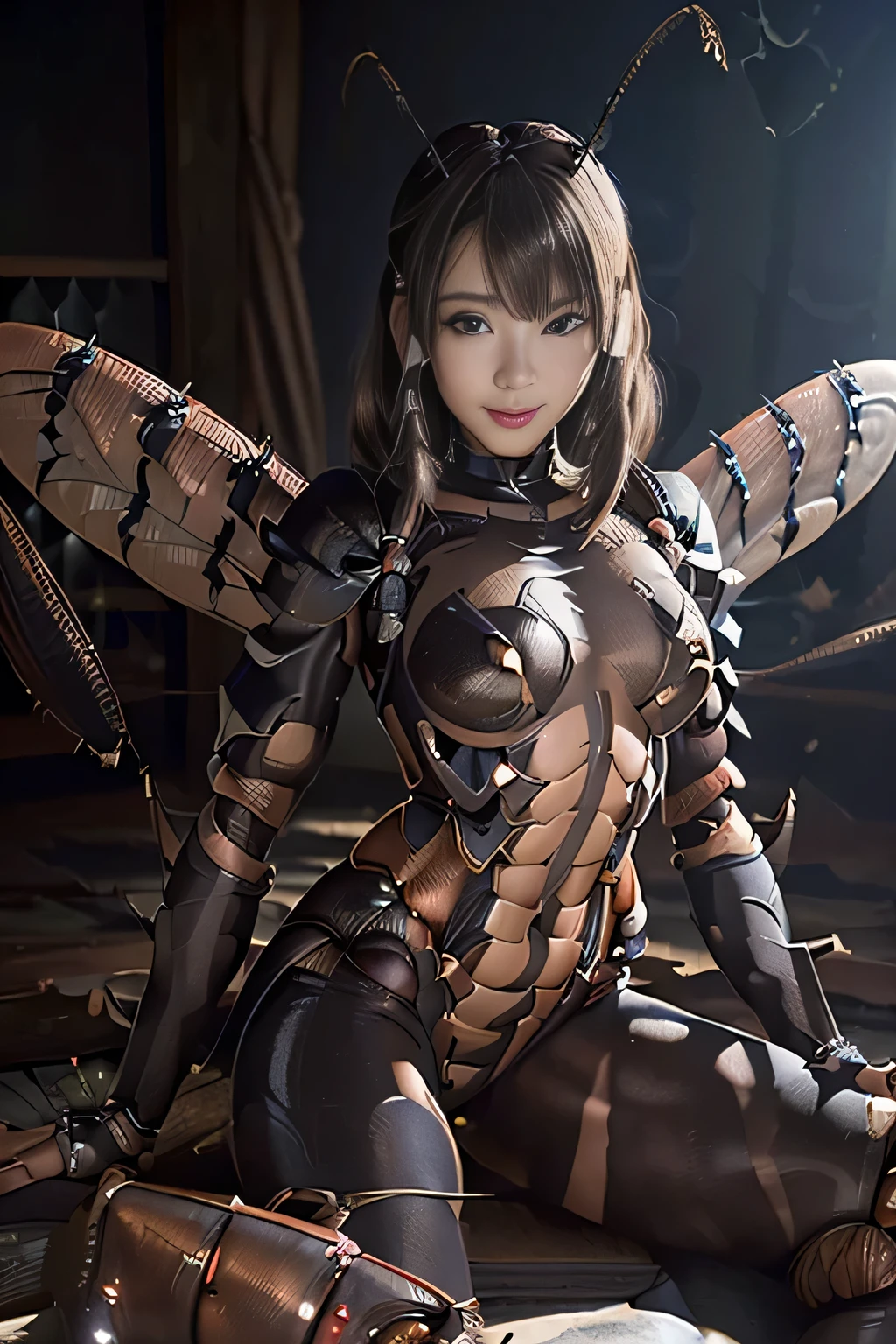 (high resolution,masterpiece,best quality,extremely detailed CG, anime, official art:1.4), realistic, photo, amazing fine details, all intricate, gloss and shiny,awesome many layers, 8k wall paper, 3d, sketch, kawaii, illustration,( solo:1.4), perfect female proportion,villainess, (fusion of dark brown cockroach and lady:1.4), (brown cockroach form lady:1.2), (brown cockroach lady:1.2), (fusion:1.2), (solo:1.4), (evil smile:1.2), muscular, abs, (cockroach brown exoskeleton bio insect suit:1.4), (cockroach brown exoskeleton bio insect armor:1.2), (brown transparency cockroach wing:1.4), (brown cockroach antennae:1.3),