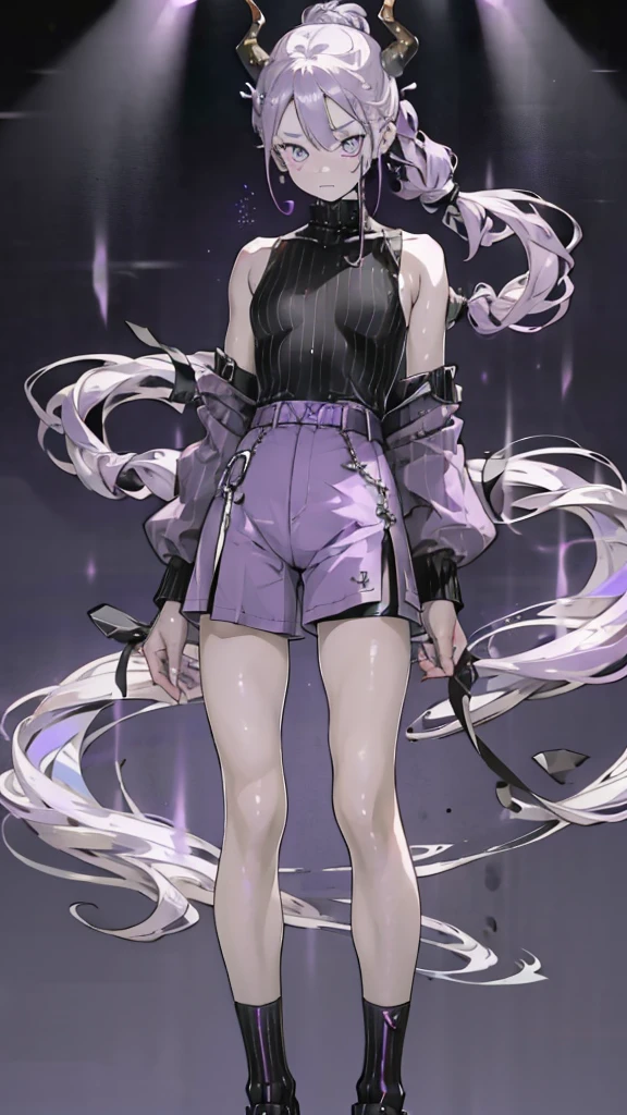boy thoughtful look open forehead. white and purple hair braided in a ponytail on the left side to one side. sinuous black horns wrapped in dark purple ribbon. pale violet eyes. in short dark purple shorts. long white T-shirt. dark purple knee-high socks. white long coat with hood. black limit stone walls purple light from lamps