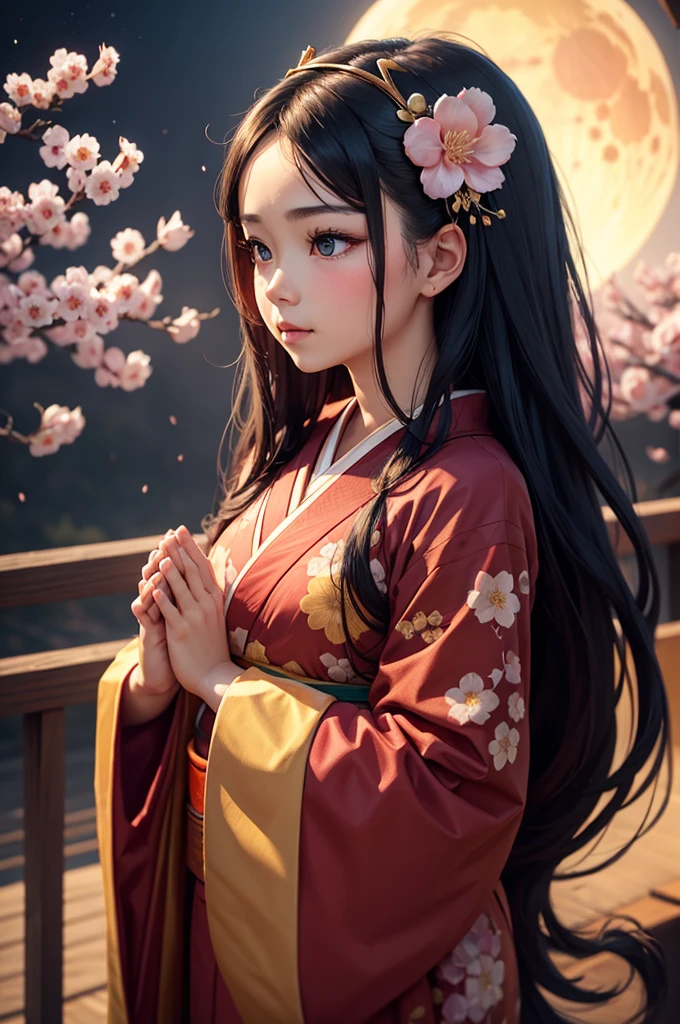 ((Praying Hands)),Upper Body,((Looking at the audience)),Facing the front,Gorgeous red kimono,Intricate patterns that complement the kimono,Long black hair,Pink cherry blossom hair accessory,Beautiful and delicate face,blue eyes,Big eyes,Extremely fine resolution,Highest quality,Golden Background,((Golden Moon)),Mysterious,Cherry Blossoms at Night