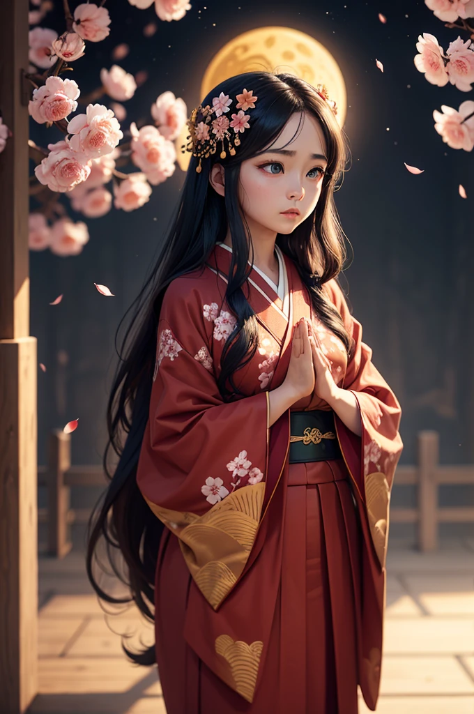 ((Praying Hands)),Upper Body,((Looking at the audience)),Facing the front,Gorgeous red kimono,Intricate patterns that complement the kimono,Long black hair,Pink cherry blossom hair accessory,Beautiful and delicate face,blue eyes,Big eyes,Extremely fine resolution,Highest quality,Golden Background,((Golden Moon)),Mysterious,Cherry Blossoms at Night