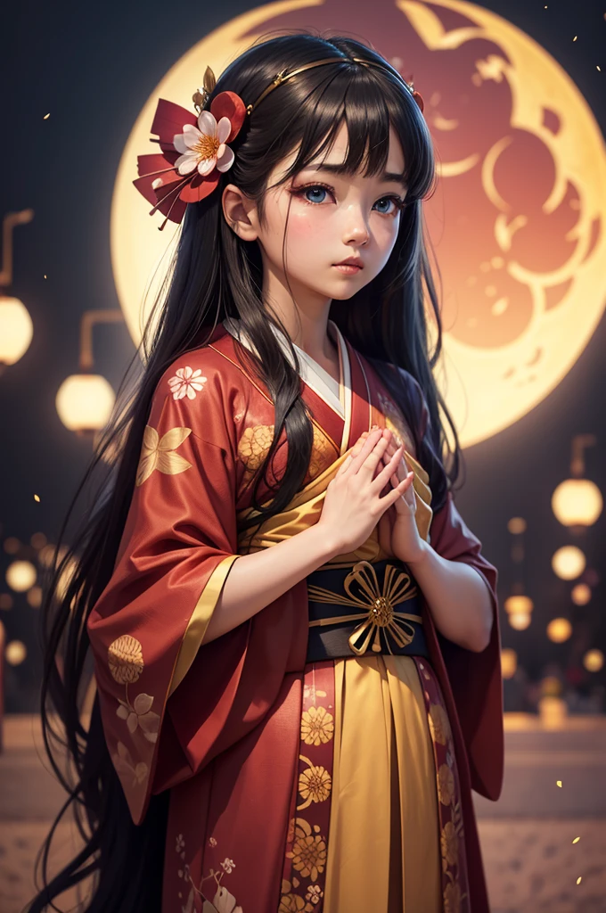 ((Praying Hands)),Upper Body,((Looking at the audience)),Facing the front,Gorgeous red kimono,Intricate patterns that complement the kimono,Long black hair,Pink cherry blossom hair accessory,Beautiful and delicate face,blue eyes,Big eyes,Extremely fine resolution,Highest quality,Golden Background,((Golden Moon)),Mysterious,Cherry Blossoms at Night