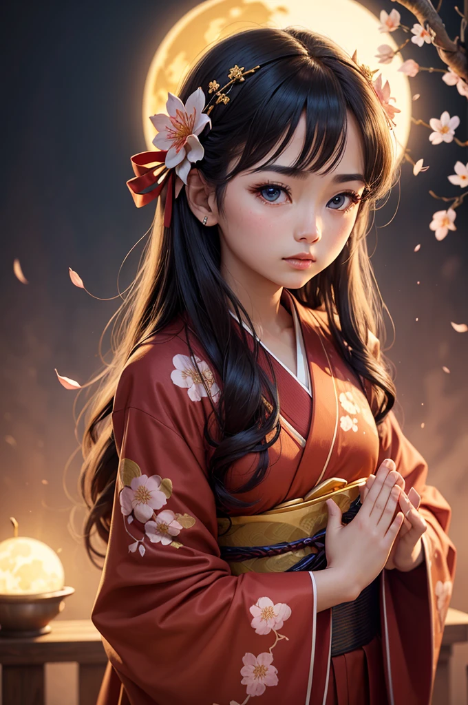 ((Praying Hands)),Upper Body,((Looking at the audience)),Facing the front,Gorgeous red kimono,Intricate patterns that complement the kimono,Long black hair,Pink cherry blossom hair accessory,Beautiful and delicate face,blue eyes,Big eyes,Extremely fine resolution,Highest quality,Golden Background,((Golden Moon)),Mysterious,Cherry Blossoms at Night