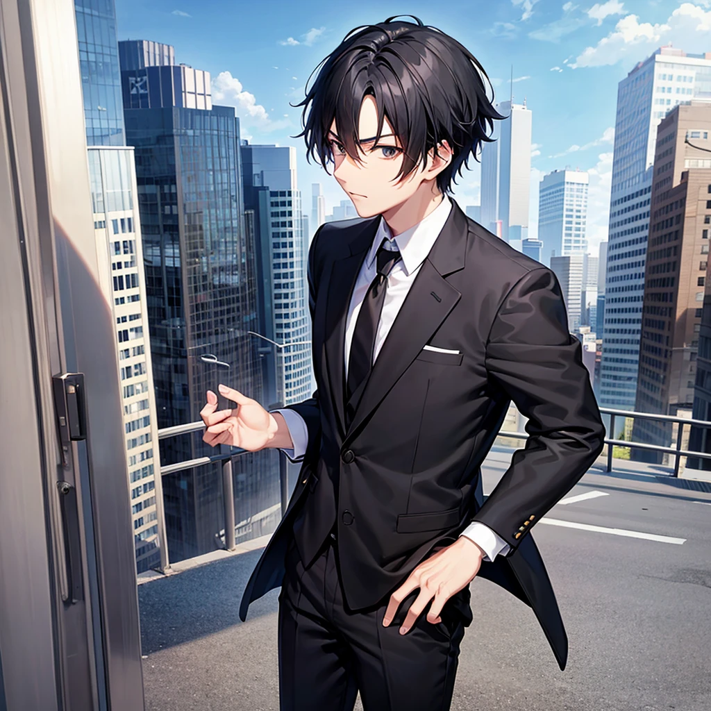 Anime black-haired man in a suit turns his back and stands in the city.