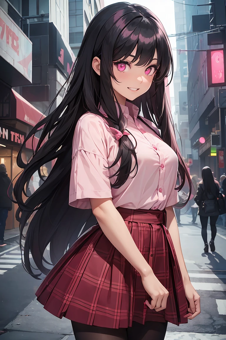 ((1 Girl)), Latest Trends in Clothing, Red Check Skirt, Black clothes ,pantyhose, Squat, Street fashion,Cowboy Shot,((Very detailed,Highest quality, High resolution, 8k wallpaper, Beautiful clothes,)),((Black Hair, Long Hair,Straight hair,Both sides up)), (teeth), Grinning face, eye shadow, eyeliner,Glowing Eyes, Very detailed目, Clear Eyes, Beautiful Eyes, ((Glowing pink eyes)), .
