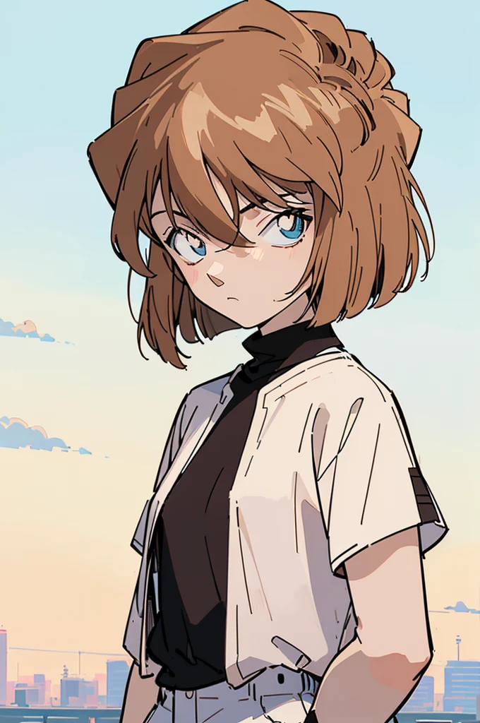 masterpiece, best quality, beautiful face, (street, upper body:1.4), anime style, (1girl in, Solo:1.0), (Haibara Ai), ((Short pants)), (((Big eyes))), (Cute anime girl head), (flat chest),looking at viewer,With a height of 100cm, shoot from front, (head shot), Simple line minimalism, Abstract Art, City background, anime opening movie