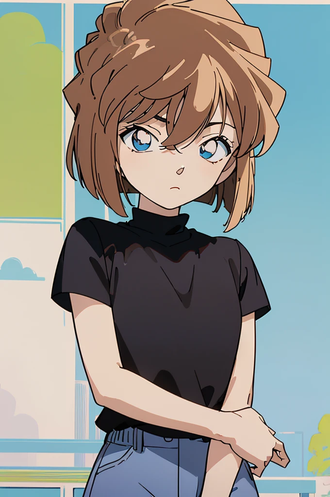 masterpiece, best quality, beautiful face, (street, upper body:1.4), anime style, (1girl in, Solo:1.0), (Haibara Ai), ((Short pants)), (((Big eyes))), (Cute anime girl head), (flat chest),looking at viewer,With a height of 100cm, shoot from front, (head shot), Simple line minimalism, Abstract Art, City background, anime opening movie