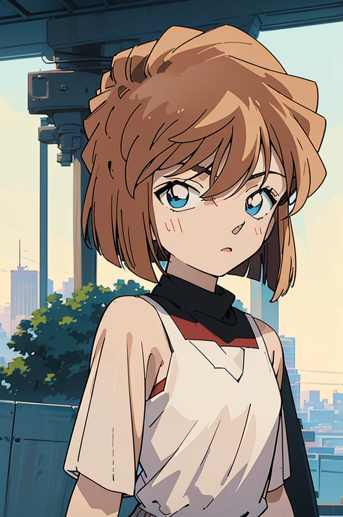 masterpiece, best quality, beautiful face, (street, upper body:1.4), anime style, (1girl in, Solo:1.0), (Haibara Ai), ((Short pants)), (((Big eyes))), (Cute anime girl head), (flat chest),looking at viewer,With a height of 100cm, shoot from front, (head shot), Simple line minimalism, Abstract Art, City background, anime opening movie