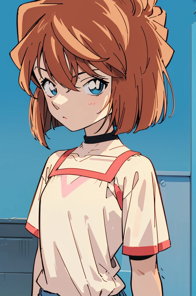 masterpiece, best quality, beautiful face, (street, upper body:1.4), anime style, (1girl in, Solo:1.0), (Haibara Ai), ((Short pants)), (((Big eyes))), (Cute anime girl head), (flat chest),looking at viewer,With a height of 100cm, shoot from front, (head shot), Simple line minimalism, Abstract Art, City background, anime opening movie