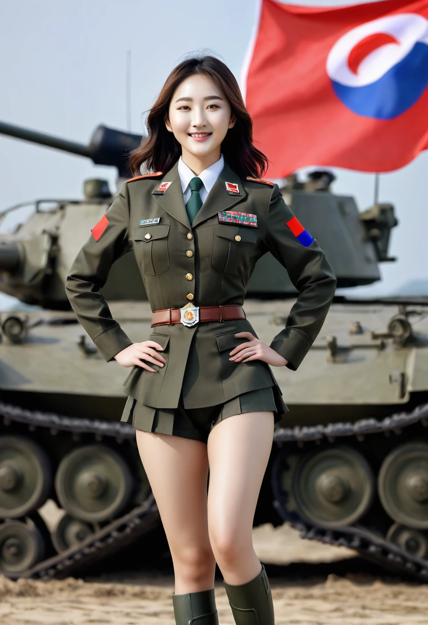 professional photography of a very beautiful 20 year old Korean army girl wearing a uniform and complete attributes, perfect body, breasts with erect nipples, respecting and smiling forward, on her cheek there is an Indonesian flag logo, she is standing, full body pose, world war background second,cinematic,ultra-realistic,8k,