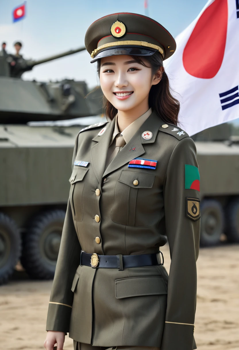 professional photography of a very beautiful 20 year old Korean army girl wearing a uniform and complete attributes, perfect body, breasts with erect nipples, respecting and smiling forward, on her cheek there is an Indonesian flag logo, she is standing, full body pose, world war background second,cinematic,ultra-realistic,8k,