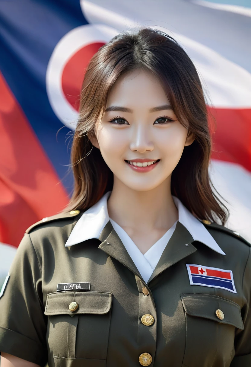professional photography of a very beautiful 20 year old Korean army girl wearing a uniform and complete attributes, perfect body, breasts with erect nipples, respecting and smiling forward, on her cheek there is an Indonesian flag logo, she is standing, full body pose, world war background second,cinematic,ultra-realistic,8k,
