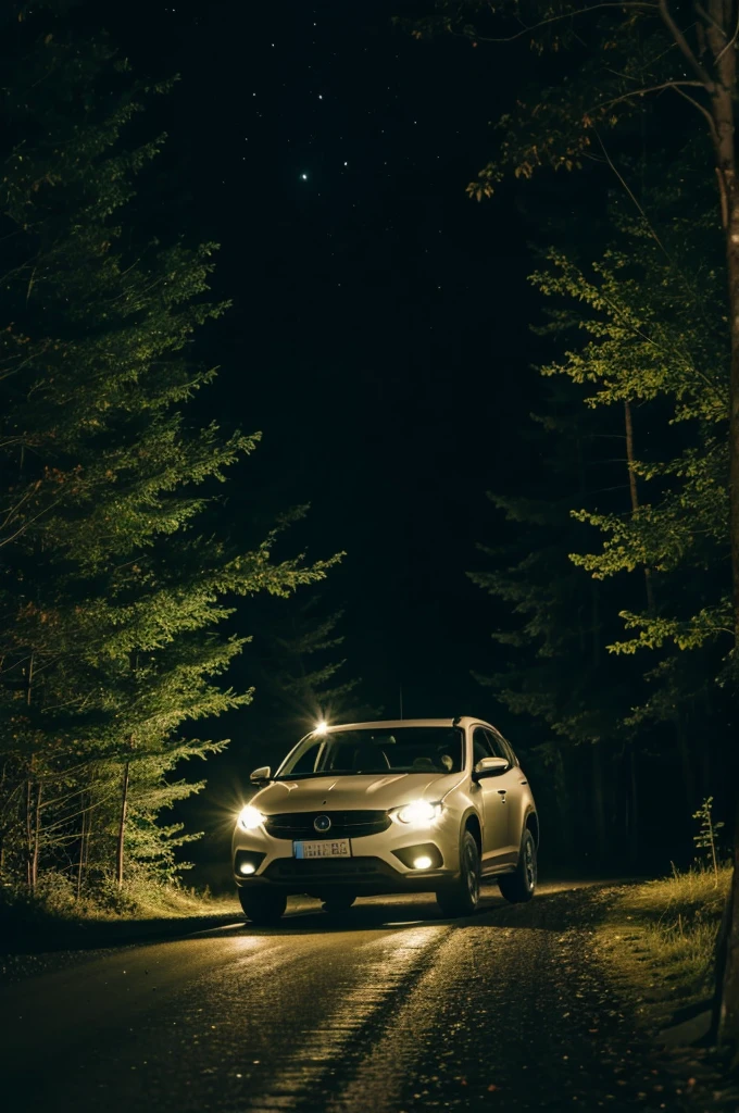 Video of a car driving on a forest track under the moonlight