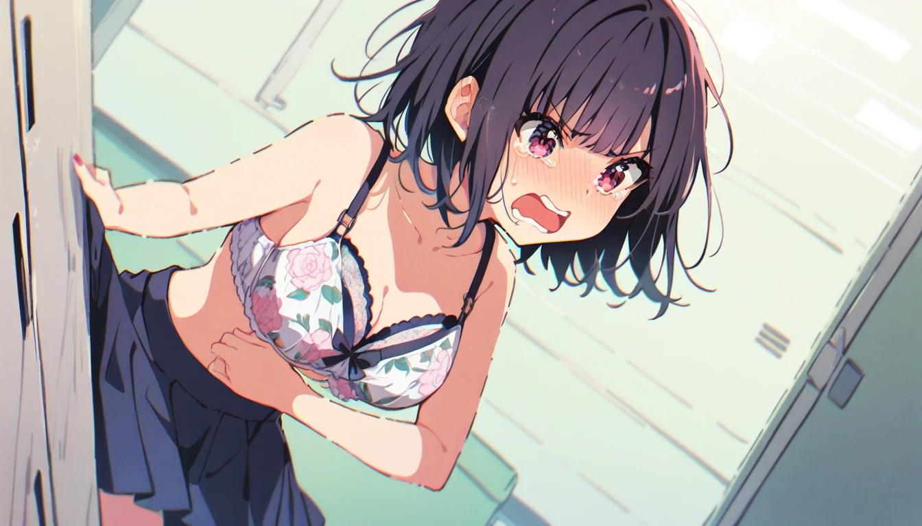 One girl with black bob hair、Floral bra、Floral print panties、Standing posture、locker room、Shyness、Crying face、resistance