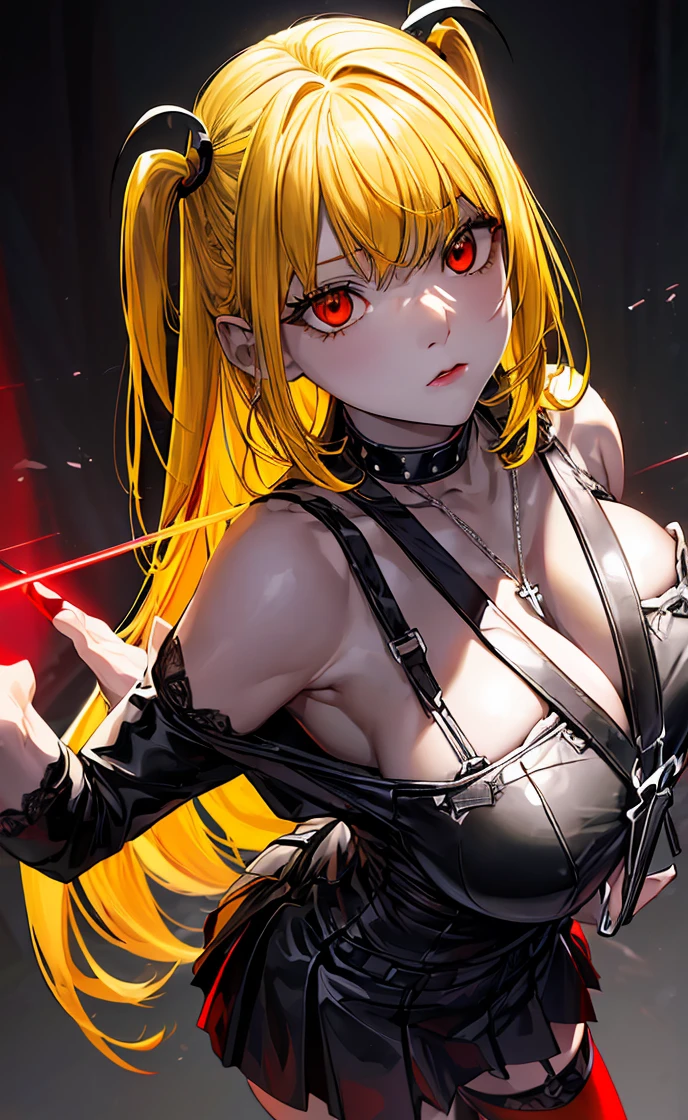 Mass Manager, Stop 4, Long Hair, Swollen eyes:1.7), (Yellow Hair:1.5), Blunt bangs, (Both sides up:1.5), Red lips, lipstick, alone, One girl,大きな胸
break thighhighs, dress, jewelry, clavicle, boots, Removable sleeves, choker, Black knee socks, necklace, Black footwear, Black crop top, Garter Straps, Black Box, cross, Red nails, cross necklace,White 、
break looking at viewer,
break indoors,
break (masterpiece:1.2), Highest quality, High resolution, unity 8k wallpaper, (figure:0.8), (Beautiful attention to detail:1.6), Highly detailed face, Perfect lighting, Highly detailed CG, (Perfect hands, Perfect Anatomy), (((Red eyes)))