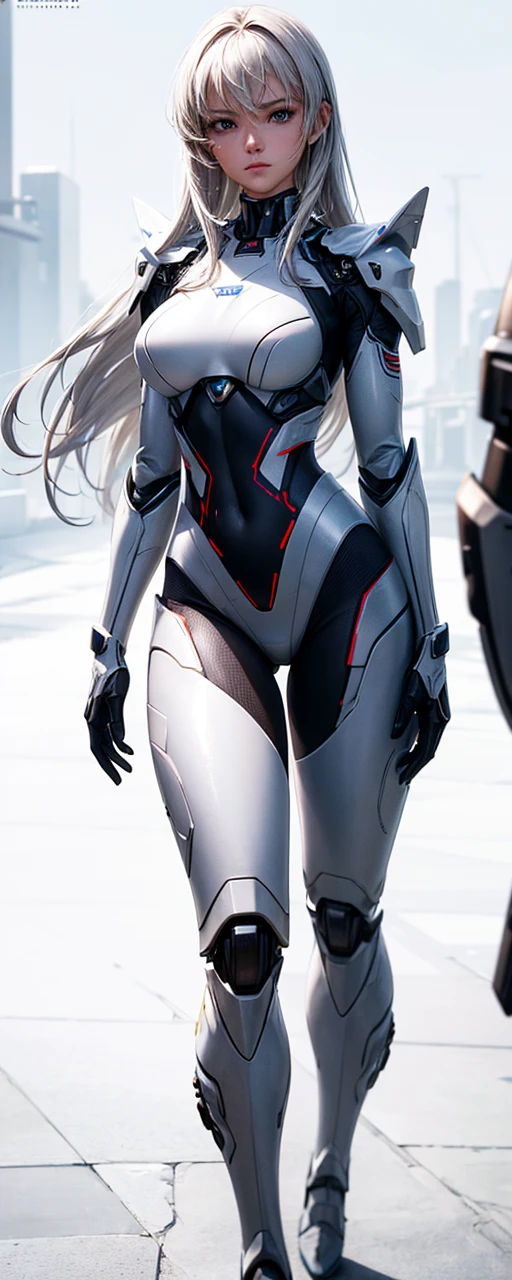 work of art, best qualityer, ultra realistic, 超detailded, 8k resolution, CRU photo, sharp focus, (1 girl), standing alone, gorgeous face, perfectbody, mature woman, age 25, portraite, mecha, white armor, nanosuit, sensuous, Messy hair, cinematic, cinematic light, dark theme
