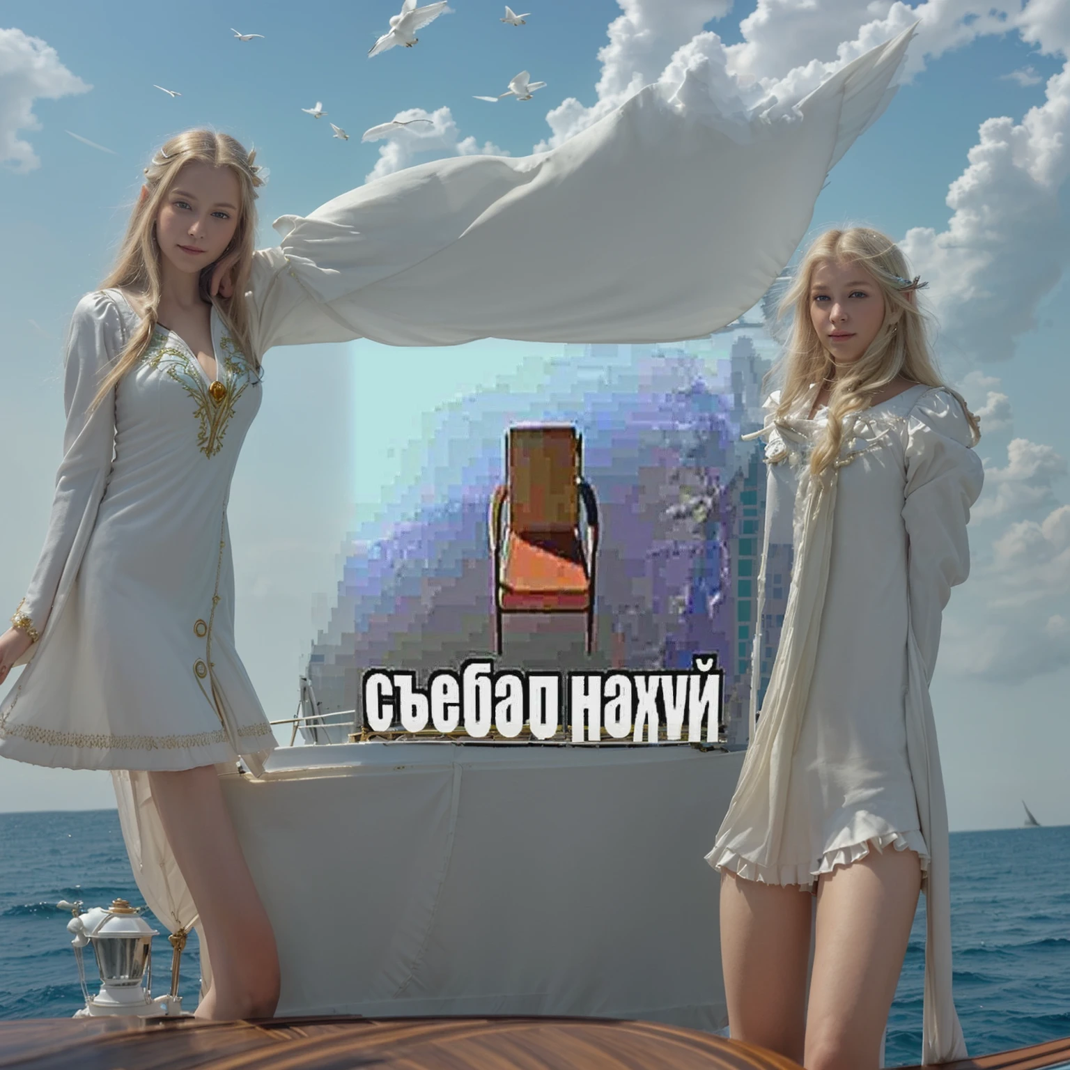 (((masterpiece, top quality, A high resolution, high detail)))), ((((fantasy))), One, (Elf)))), (short white skirt with gold embroidery), (blonde with long straight hair), (sparkling dark green eyes), (White blouse with ruffles, embroidered with gold), big, (((on the deck of a sailboat at sea)), (huge sea))), (Firmament with visible clouds)), (( Seagulls fly in the sky)), smile, (wind), Particles of light are flying